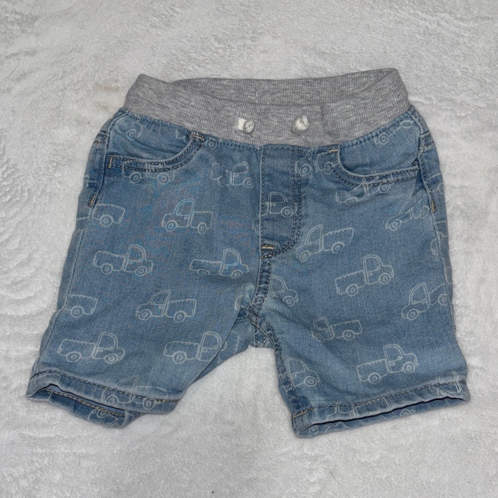 H&M Baby Blue Denim Shorts with Grey Knit Waistband - Truck Print 6-9 months
